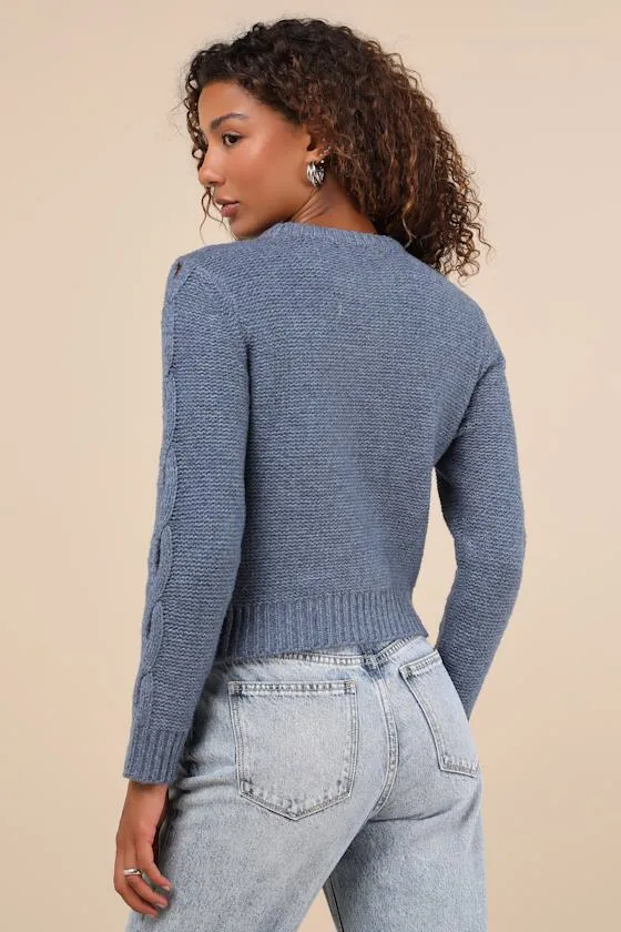 Cutout for Winter Heather Slate Blue Cable Knit Cutout Sweater sold by Lulus product image thumbnail 2