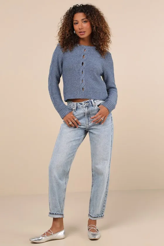 Cutout for Winter Heather Slate Blue Cable Knit Cutout Sweater sold by Lulus product image thumbnail 3