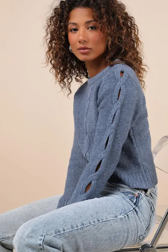 Cutout for Winter Heather Slate Blue Cable Knit Cutout Sweater sold by Lulus product image thumbnail 4