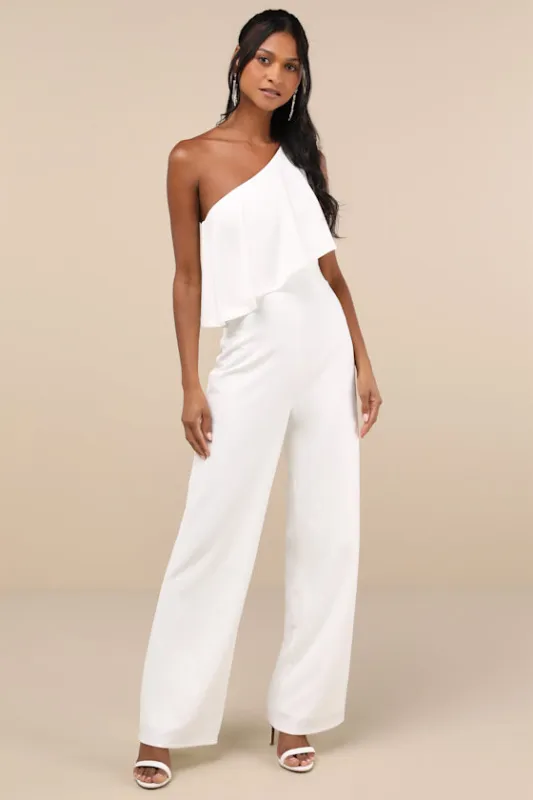 Flawless Vibes White One-Shoulder Tiered Wide-Leg Jumpsuit sold by Lulus