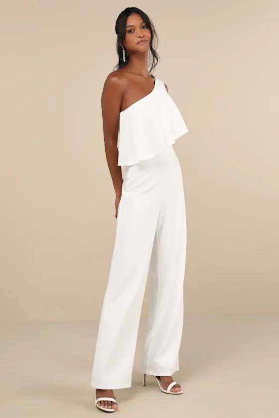 Flawless Vibes White One-Shoulder Tiered Wide-Leg Jumpsuit sold by Lulus product image thumbnail 2