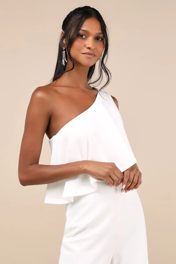 Flawless Vibes White One-Shoulder Tiered Wide-Leg Jumpsuit sold by Lulus product image thumbnail 4