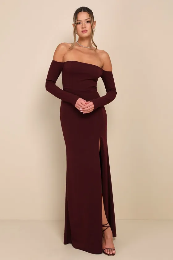 Alluring Sophistication Dark Plum Off-the-Shoulder Maxi Dress sold by Lulus