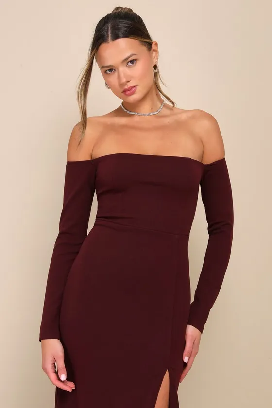 Alluring Sophistication Dark Plum Off-the-Shoulder Maxi Dress sold by Lulus product image thumbnail 2