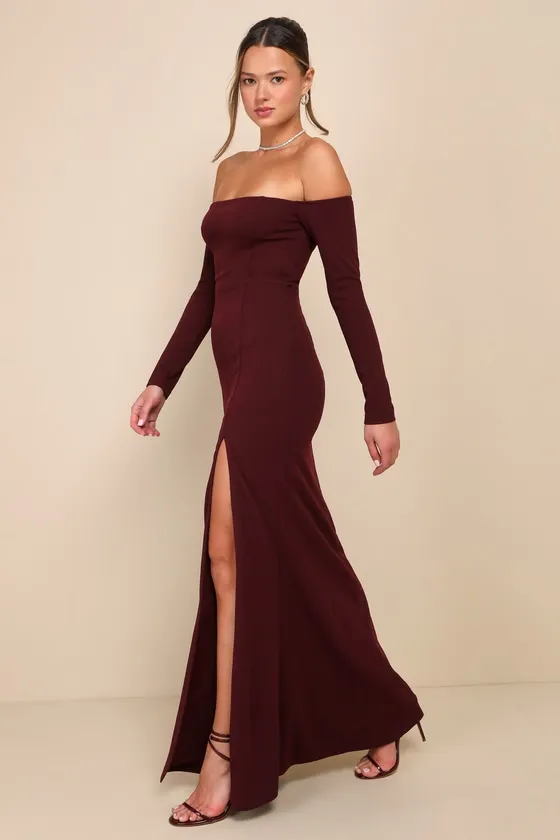 Alluring Sophistication Dark Plum Off-the-Shoulder Maxi Dress sold by Lulus product image thumbnail 4