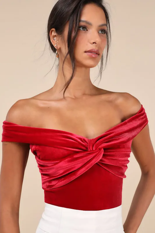 Ideal Attraction Red Velvet Off-the-Shoulder Top sold by Lulus