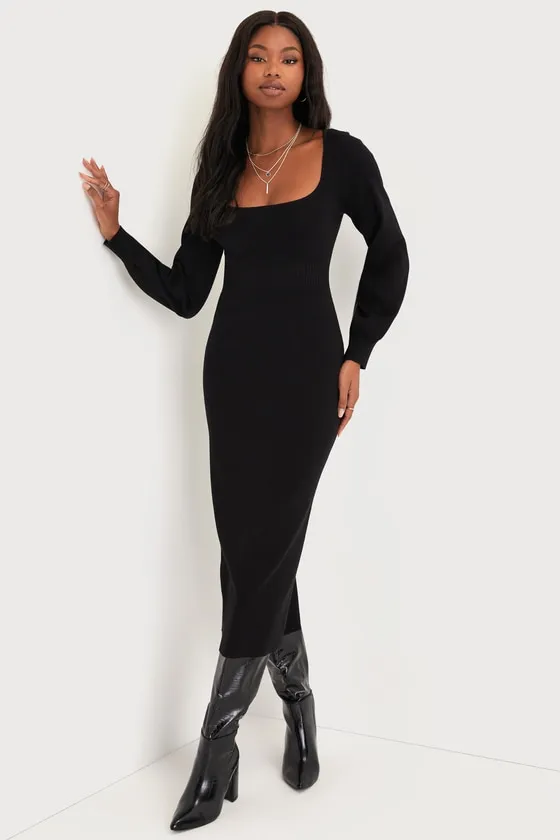 Sweater Life Black Balloon Sleeve Midi Sweater Dress sold by Lulus