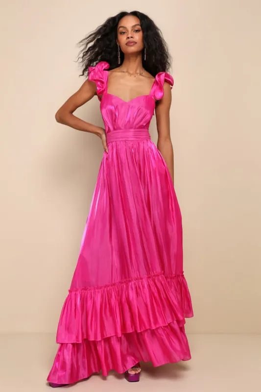 Pristine Glow Magenta Pink Ruffled Tie-Back Maxi Dress sold by Lulus