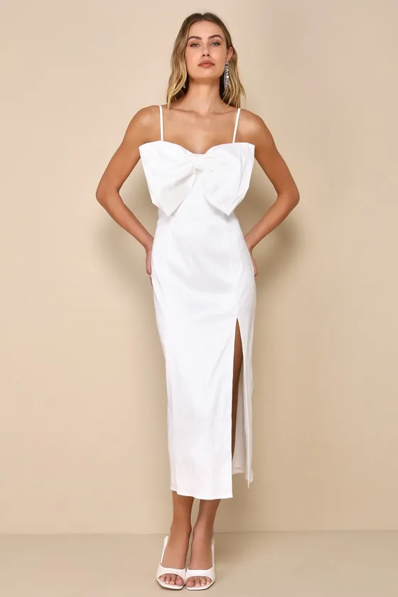 Statement Sweetie White Taffeta Sleeveless Bow Midi Dress sold by Lulus