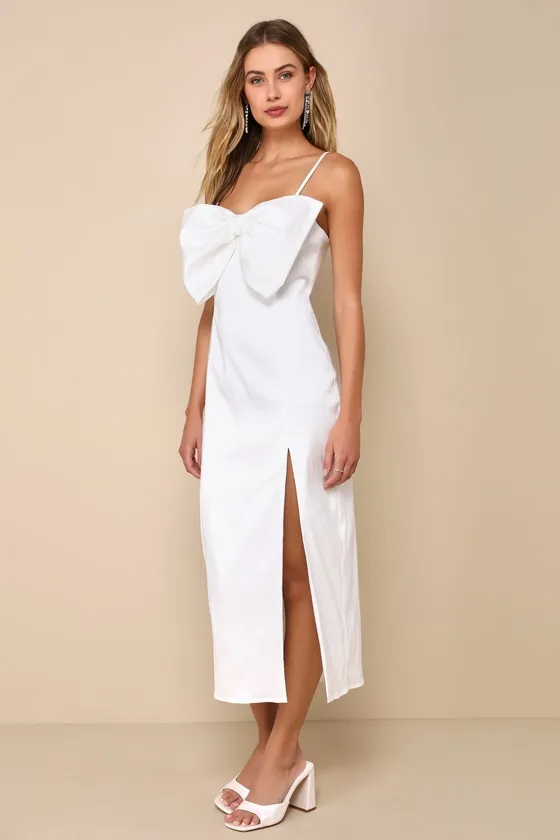 Statement Sweetie White Taffeta Sleeveless Bow Midi Dress sold by Lulus product image thumbnail 3