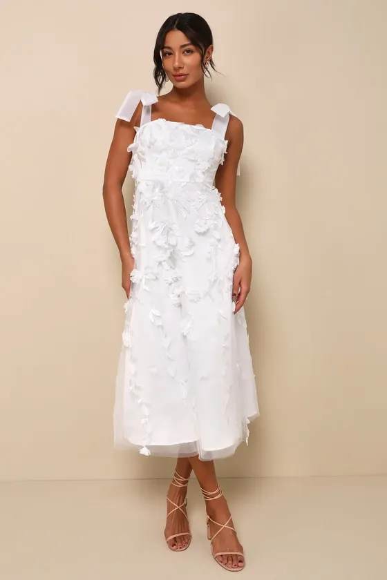 Effortlessly Sweet White Tulle 3D Floral Tie-Strap Midi Dress sold by Lulus