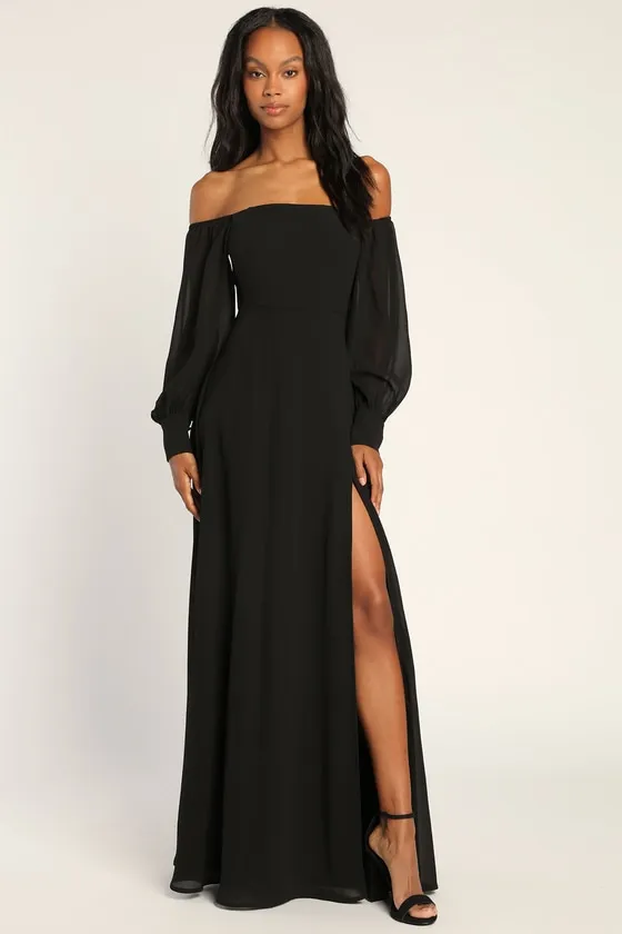 Feel the Romance Black Off-the-Shoulder Maxi Dress sold by Lulus