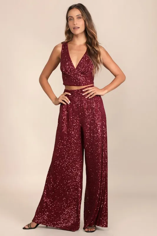 Flawless Sparkle Wine Red Sequin Wide-Leg Pants sold by Lulus