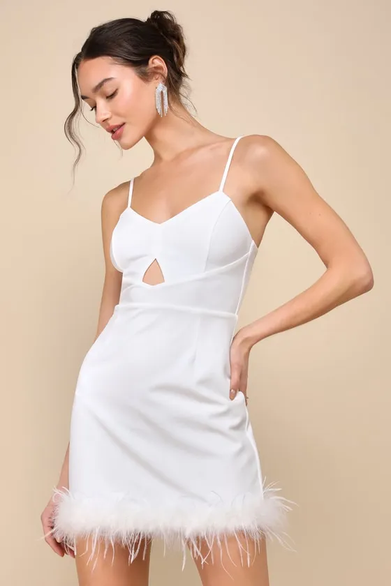 Social Star White Feather Sleeveless Bodycon Mini Dress sold by Lulus