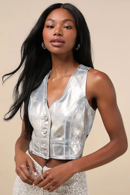 Mona Silver Metallic Coated Denim Vest Top made by Levi's