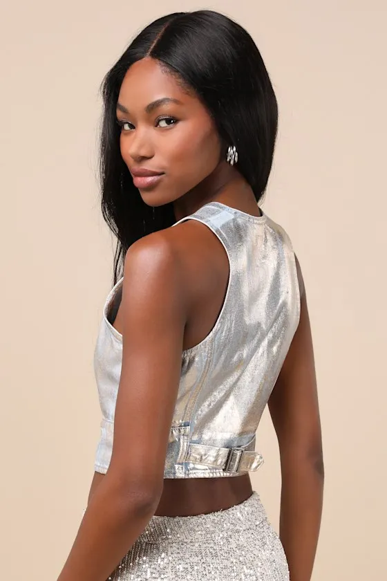 Mona Silver Metallic Coated Denim Vest Top sold by Lulus product image thumbnail 2