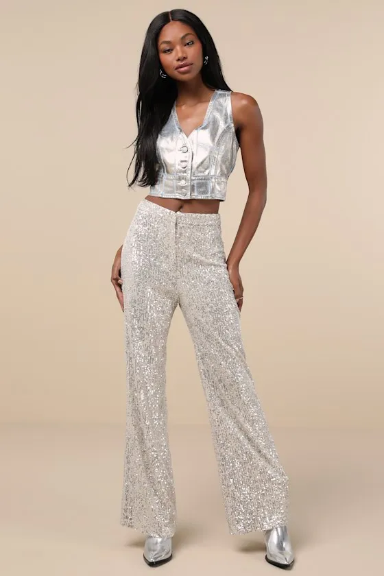 Mona Silver Metallic Coated Denim Vest Top sold by Lulus product image thumbnail 3