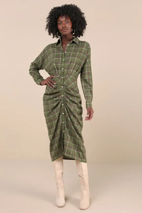 Seasonal Spirit Green Plaid Ruched Long Sleeve Midi Dress sold by Lulus