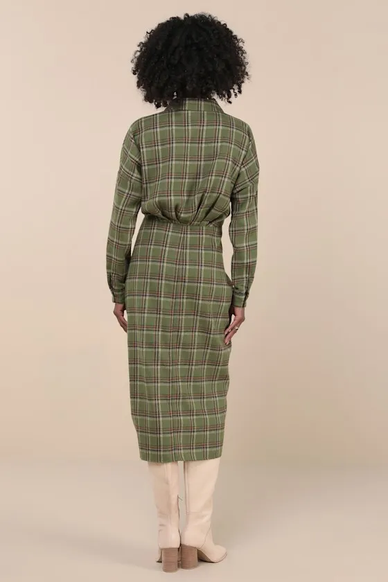 Seasonal Spirit Green Plaid Ruched Long Sleeve Midi Dress sold by Lulus product image thumbnail 2