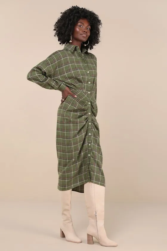 Seasonal Spirit Green Plaid Ruched Long Sleeve Midi Dress sold by Lulus product image thumbnail 3