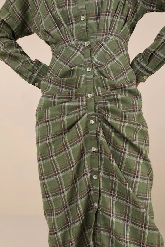 Seasonal Spirit Green Plaid Ruched Long Sleeve Midi Dress sold by Lulus product image thumbnail 4
