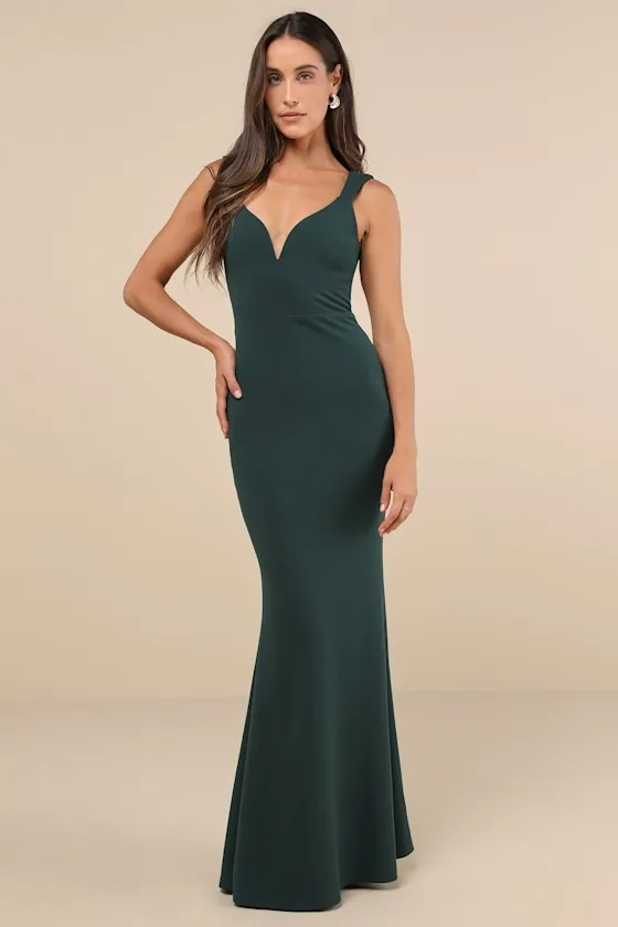 Alluring Temptation Emerald Backless Ruched Mermaid Maxi Dress sold by Lulus
