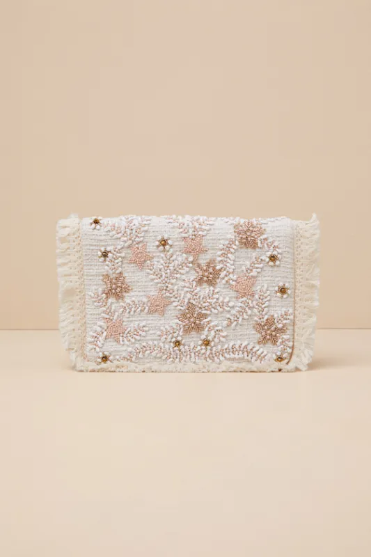 Sabriyya Cream Tweed Beaded Fringe Clutch sold by Lulus