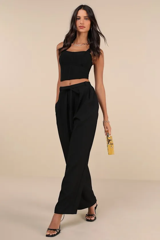 Simply Poised Black Twill Wide-Leg Pants sold by Lulus