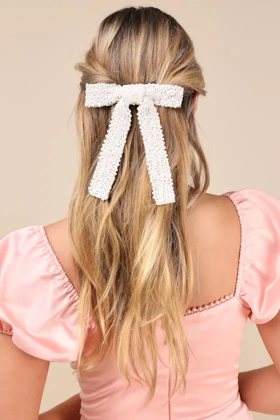 Darling Situation White Beaded Bow Hair Clip sold by Lulus