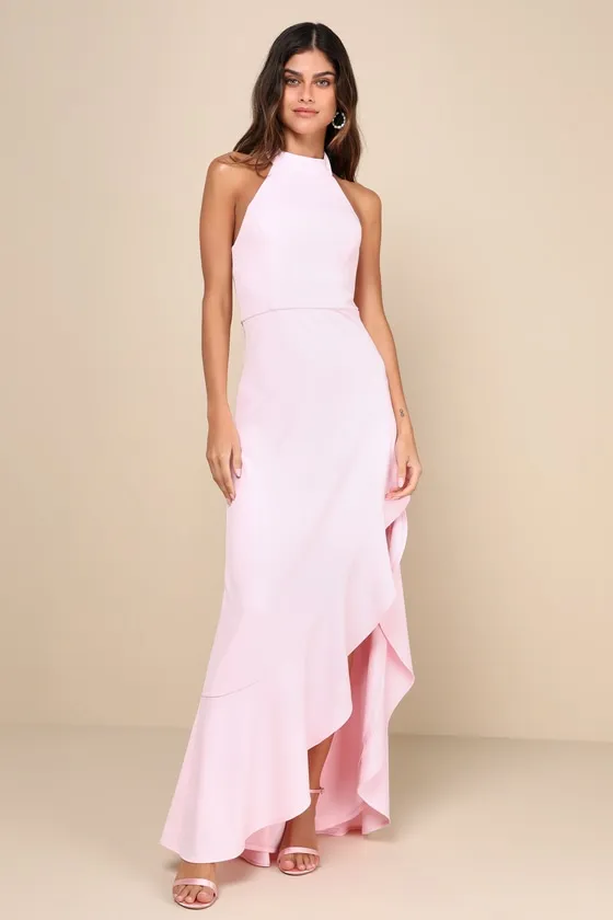 Majestic Perfection Light Pink Ruffled Halter Maxi Dress sold by Lulus