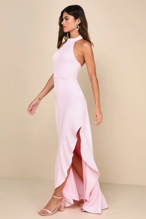 Majestic Perfection Light Pink Ruffled Halter Maxi Dress sold by Lulus product image thumbnail 4