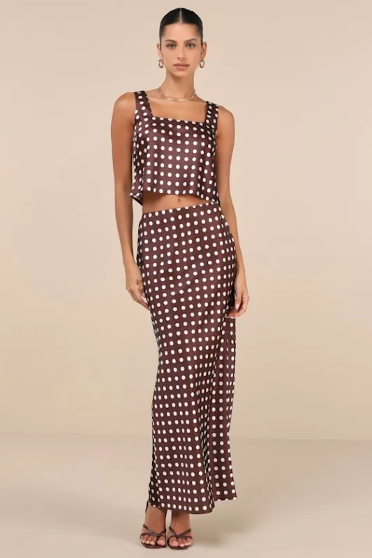 Classically Charismatic Brown Polka Dot Satin Maxi Skirt made by Lulus