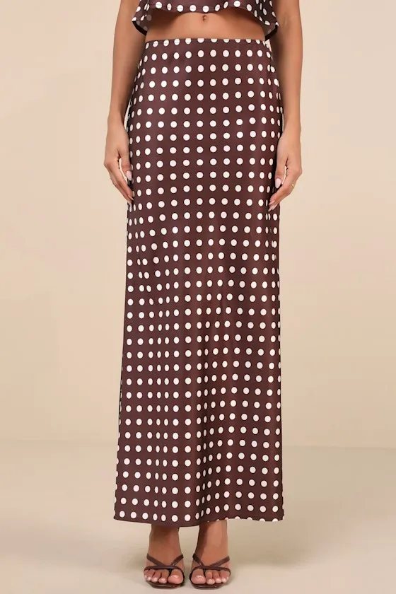 Classically Charismatic Brown Polka Dot Satin Maxi Skirt sold by Lulus product image thumbnail 2
