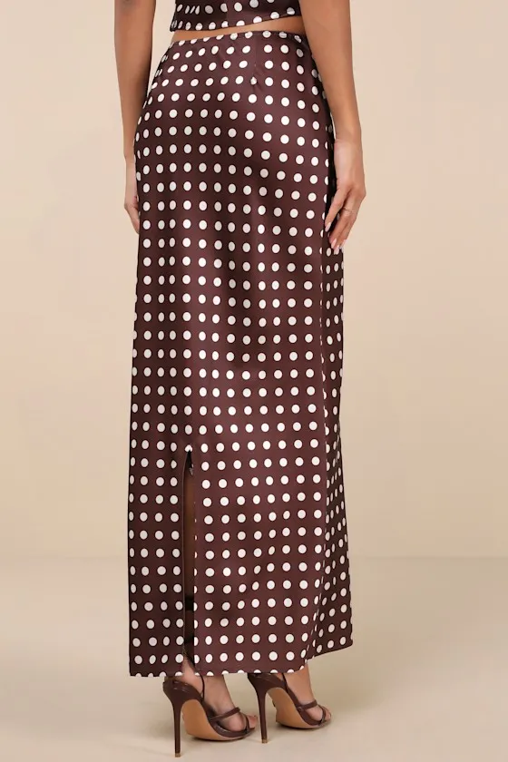 Classically Charismatic Brown Polka Dot Satin Maxi Skirt sold by Lulus product image thumbnail 3