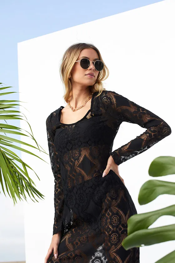 Sunny Sands Black Lace Long Sleeve Swim Cover-Up sold by Lulus product image thumbnail 4