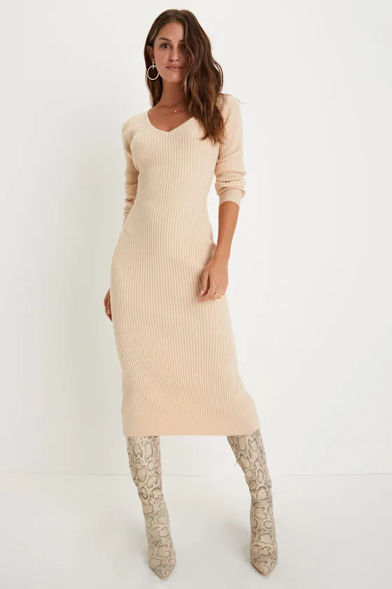 Everyday Beauty Beige Long Sleeve Ribbed Knit Sweater Dress sold by Lulus
