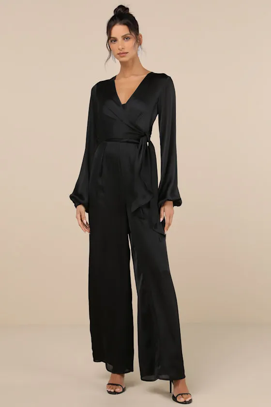 Iconic Influence Black Long Sleeve Faux-Wrap Wide-Leg Jumpsuit sold by Lulus