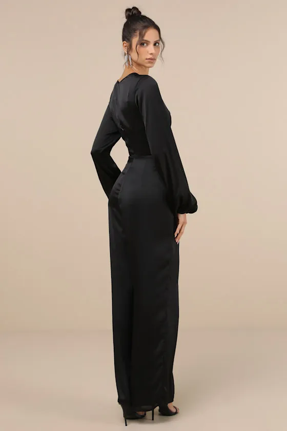 Iconic Influence Black Long Sleeve Faux-Wrap Wide-Leg Jumpsuit sold by Lulus product image thumbnail 2