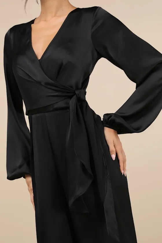 Iconic Influence Black Long Sleeve Faux-Wrap Wide-Leg Jumpsuit sold by Lulus product image thumbnail 3