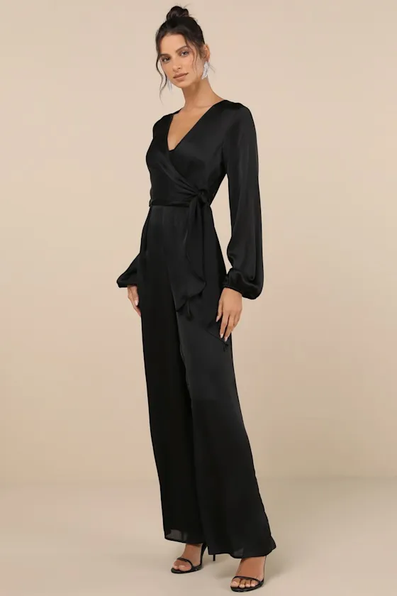 Iconic Influence Black Long Sleeve Faux-Wrap Wide-Leg Jumpsuit sold by Lulus product image thumbnail 4