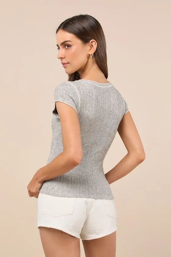 Cute Decision Heather Grey Pointelle Knit Short Sleeve Top sold by Lulus product image thumbnail 3