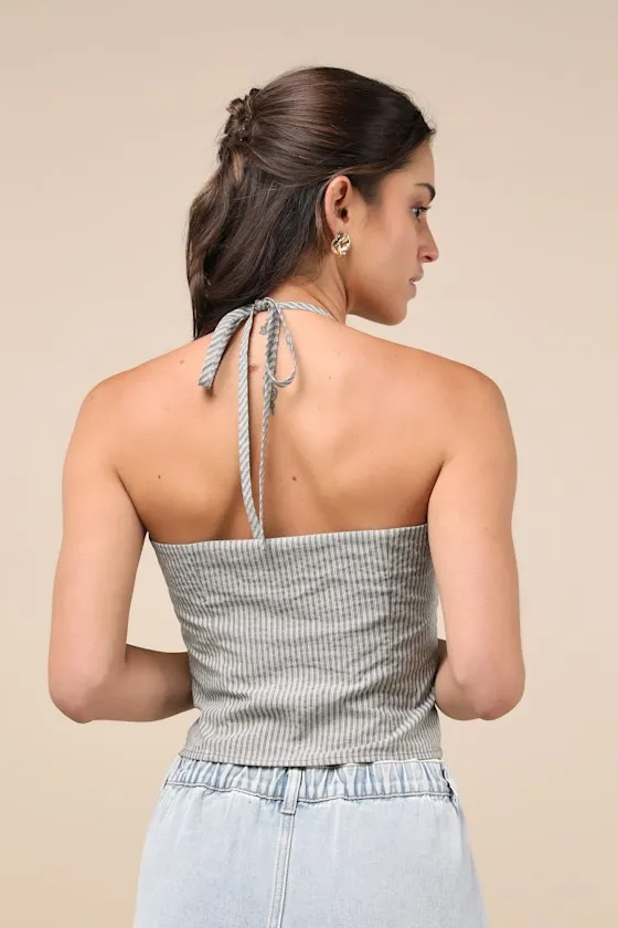 Chic Perception Olive Green Striped Button-Front Halter Top sold by Lulus product image thumbnail 2