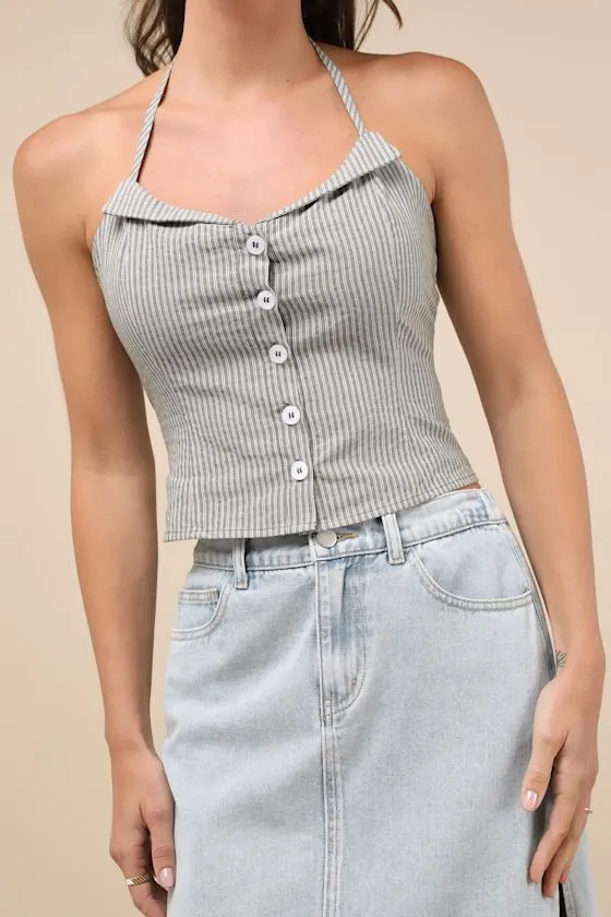 Chic Perception Olive Green Striped Button-Front Halter Top sold by Lulus product image thumbnail 4