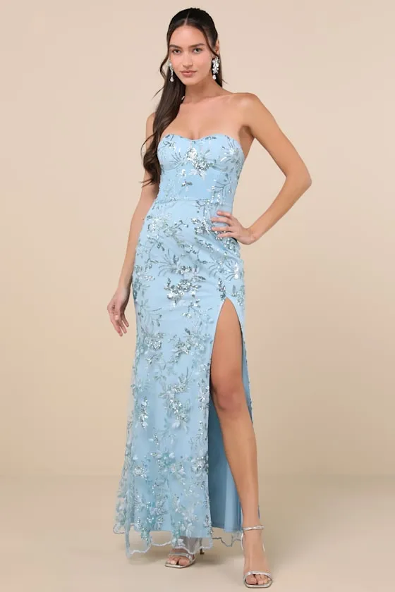 Confident Sensation Blue Sequin Strapless Bustier Maxi Dress sold by Lulus