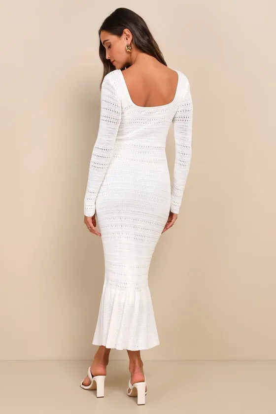 Sunset Moments White Crochet Long Sleeve Trumpet Midi Dress sold by Lulus product image thumbnail 2