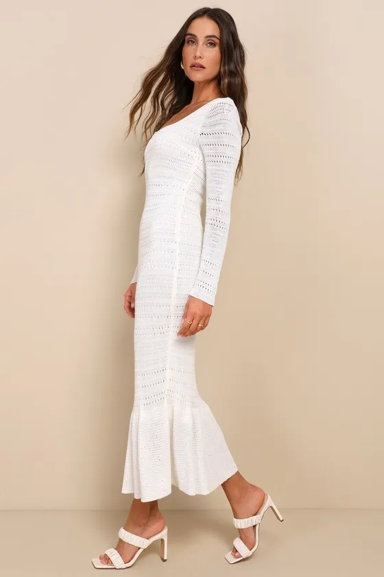 Sunset Moments White Crochet Long Sleeve Trumpet Midi Dress sold by Lulus product image thumbnail 4
