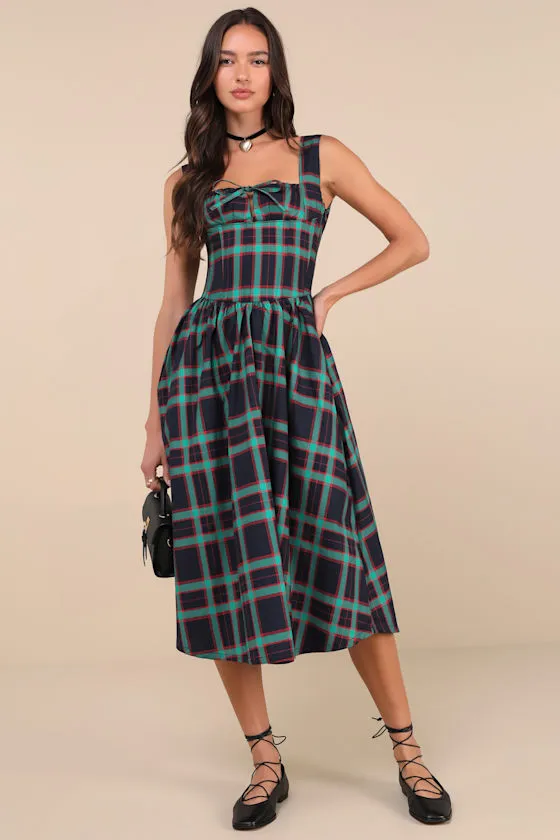 Dola Red and Green Plaid Sleeveless Bustier Midi Dress sold by Lulus