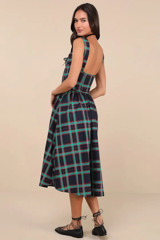 Dola Red and Green Plaid Sleeveless Bustier Midi Dress sold by Lulus product image thumbnail 2