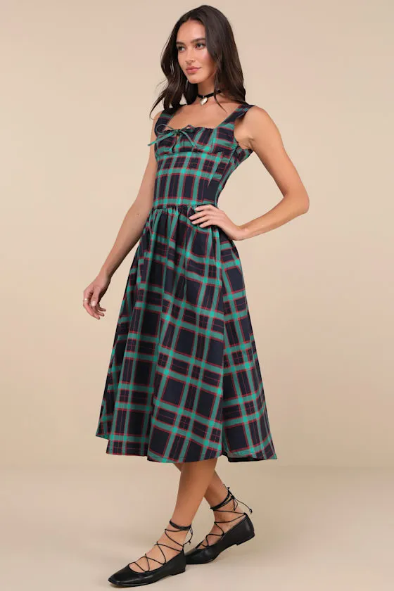 Dola Red and Green Plaid Sleeveless Bustier Midi Dress sold by Lulus product image thumbnail 3