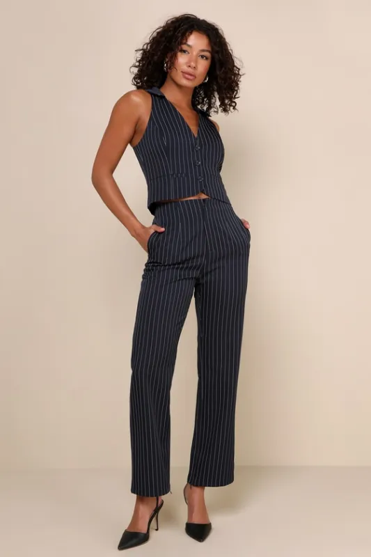 Confident Appeal Navy Blue Pinstripe High-Rise Pants sold by Lulus